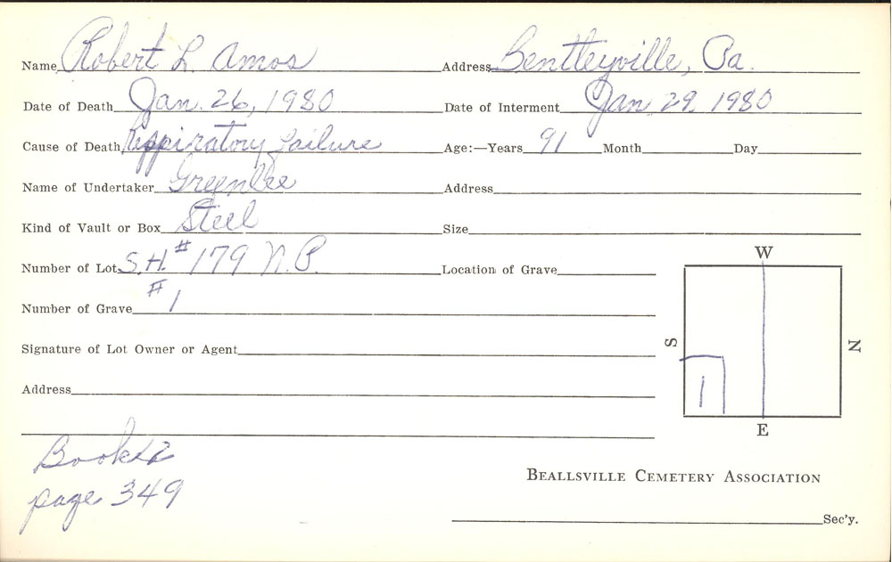 Robert L. Amos burial card